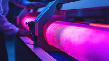 An operator scrutinizes a roll of fabric under powerful LED lights with a color spectrometer analyzing color consistency highlighting the meticulous process of quality assurance i photo