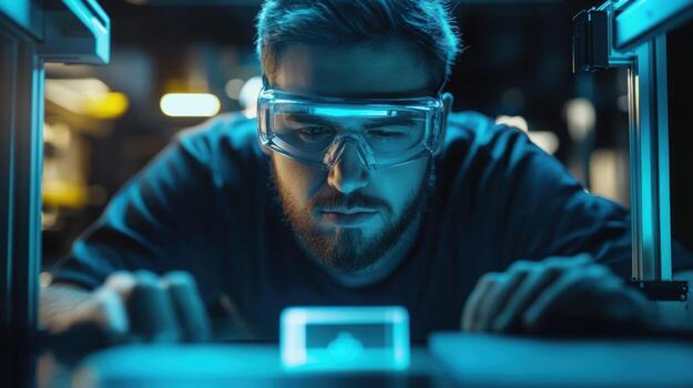 un técnico vistiendo la seguridad gafas de protección trabajando en un pequeño 3d escáner capturar el detalles de un existente objeto a reproducir exactamente eso enfatizando el tecnológico herramientas disponible para rapí foto