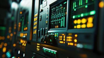 A closeup of a control panel interface with digital readouts of kilowatt usage historical data trends and predictive analytics for future energy needs in a production line photo
