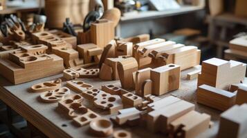 An array of handcrafted wooden components neatly organized on a workbench where a craftsman is using a hand router to finetune edges highlighting the attention to detail in personalize photo