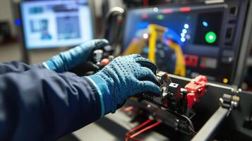 A closeup of a pair of gloved hands operating a simulation joystick controlling a robotic vehicle on a testing track photo