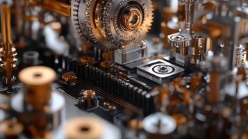 An intricate closeup of edge computing devices positioned alongside traditional machinery emphasizing their role in processing data closer to the source in a 5G context photo