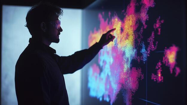 An engineer confidently pointing at a heatmap visualization on a large display illustrating realtime operational data collected from equipment in the factory photo