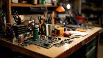 An image featuring a of intricate circuit boards and electronic components laid out on a workbench emphasizing soldering techniques and the technical dexterity necessary for assemblin photo