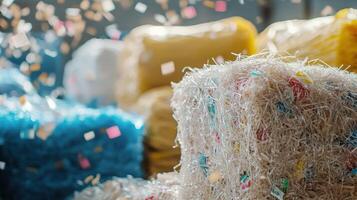 A closeup shot of various ecofriendly sping materials including natural fibers and biodegradable plastics tightly bound and ready for shipping photo