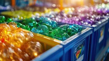 A macro view of ecolabels on bins collected from the production floor marking different categories for recycling reflecting the organizational aspect of a circular economy initiative photo