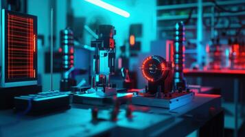 A view of precision measuring tools at a workstation where energymonitoring displays show optimized energy consumption rates as highquality components are being checked photo