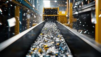 A detailed view of a conveyor belt filled with shredded metals being funneled into a compacting machine emphasizing the efficiency in reducing scrap waste in metal fabrication photo