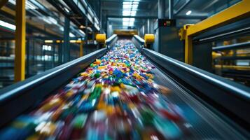 An image capturing the sorting mechanism of a conveyor belt where colorful plastic waste is being separated by automated arms reflecting an efficient waste reduction technique in th photo