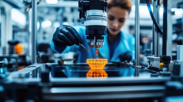 In a bustling factory floor a worker is seen calibrating a digital interface on a stateoftheart 3D printer surrounded by futuristic tools and materials essential for rapid prototyping photo