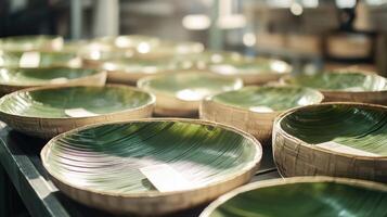A detailed view of sustainably harvested palm leaf plates with tags explaining their ecofriendly production process captured in a lively factory showcasing ecoconscious craftsmanship photo