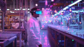 A quality inspector walks along an assembly line wearing AR goggles that highlight defects in products with colorcoded markers. The overlay provides a detailed analysis of the identifie photo
