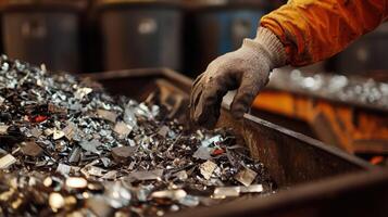 Closeup of a workers gloved hands separating shiny metal scraps from a pile of mixed waste with a backdrop of large organized bins ready to receive the sorted materials photo
