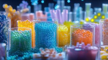A vibrant display of biodegradable bioplastics in various shapes and forms arranged orderly illuminated under bright factory lights to highlight their ecofriendly attributes photo