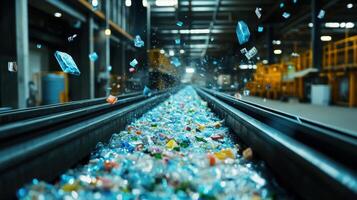 An intricate image of biodegradable materials being p on a conveyor belt where they are inspected and sorted showcasing a commitment to sustainable manufacturing practices photo