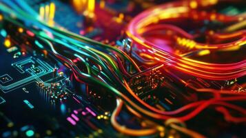 An engaging image of colorful electrical wires being handsoldered onto a circuit board highlighting the detailed work involved in creating custom electronics photo