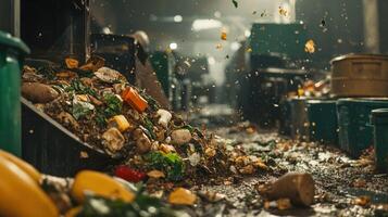 A focused image of composting organic waste from manufacturing processes with buckets overflowing with biowaste being transported to a designated bin showcasing ecofriendly practices photo