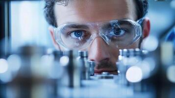 A worker wearing protective eyewear engrossed in repairing machinery symbolizing the skilled labor that is essential for economic growth and job creation in revitalized manufacturin photo