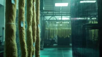 A zoomedin perspective of hemp fibers with tags showing their cultivation practices that protect biodiversity contrasted with the steel and machinery of a textile production area photo
