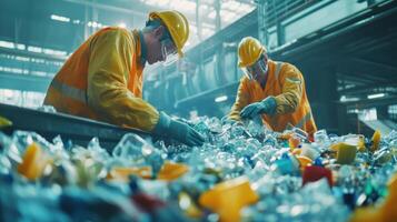 A zoomedin view of workers carefully inspecting discarded plastic components preparing them for grinding and reprocessing into new product materials photo