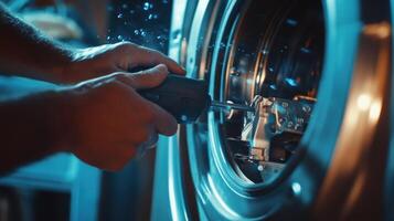 A closeup view of a workers hands using a power tool to carefully dismantle a large appliance revealing inner components that can be salvaged or repurposed photo