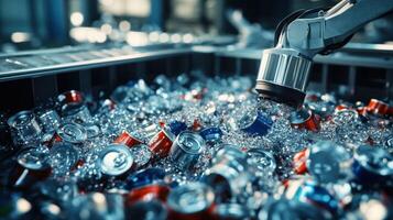 Closeup of an automated robotic arm picking up recyclable aluminum cans and placing them into a grinding unit highlighting the integration of technology in recycling workflows photo