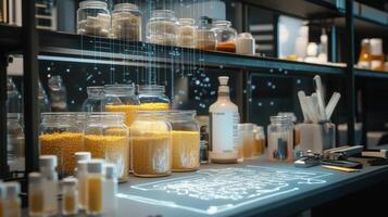 An array of small jars filled with raw materials neatly organized on a shelf with measuring tools and an open design sketch of a custom product displayed in the foreground photo