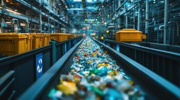 An image capturing the inner workings of a conveyor system lined with bins each labeled for different recyclable materials illustrating a comprehensive waste sorting technique photo