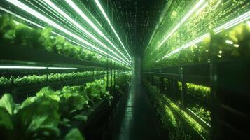 Detailed view of a vertical farming setup within a microfactory displaying rows of leafy greens being cultivated under energyefficient grow lights underscoring the efficient use o photo
