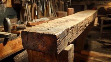 A detailed view of a wooden beam freshly from a local mill with visible grain patterns and a shiny smooth surface surrounded by tools used in its processing photo