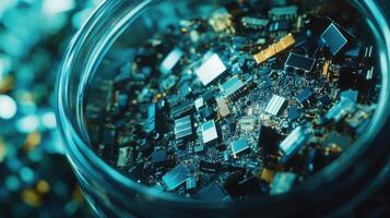 An image capturing a closeup of a sealed container filled with processed electronic waste components showcasing how materials like circuit boards are being readied for upcycling photo