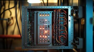 Closeup of a metal junction box with intricate wiring illuminated by subtle LED indicators where data streams intertwine to highlight enhanced intermachine communication capabilities photo