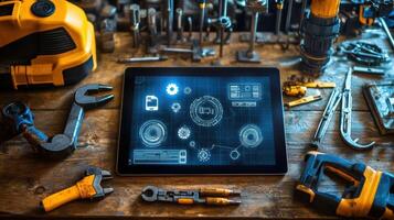 A highresolution image of a tablet showcasing an environmental impact report with crisp visuals of reduced emissions set on a weathered wooden table adorned with tools and machiner photo