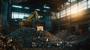 A view illustrating a careful hand sorting operation where workers separate metal components from a bulk pile of mixed waste materials emphasizing human involvement in the recyclin photo