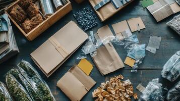 A selection of ecofriendly packaging materials laid out in a factory section with tags identifying their sources as local recycled materials promoting sustainability efforts photo