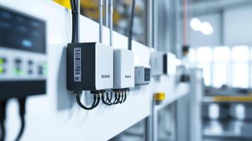 Various sensors and edge computing hardware mounted on a production line capturing data from machines and relaying it wirelessly via 5G to enhance operational efficiency photo