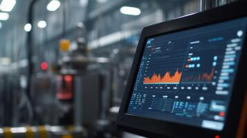 A closeup of a data terminal attached to a production line showing a screen loaded with statistics on output quality and defect rates updated every second photo