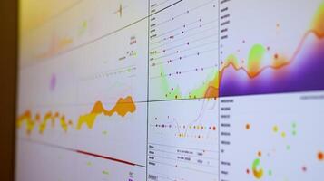 A closeup of a screen displaying a predictive analytics software interface with colorful graphs indicating trends and projected maintenance schedules photo