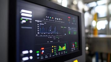 A closeup of a machine interface screen displaying realtime data analytics with graphs and metrics visualizing the performance of interconnected systems through 5G networks photo