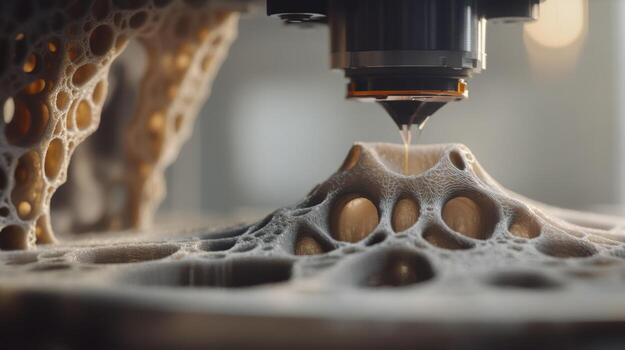 A closeup of a 3D printer in action with filament being precisely deposited layer by layer illustrating how AI algorithms are guiding the additive manufacturing process for intricat photo