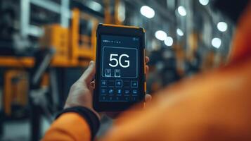 A macro shot of a handheld device used by factory operators featuring a 5G connectivity icon on the display signifying its role in monitoring and controlling machinery remotely photo