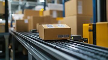 A detailed shot of barcode scanning equipment in action capturing data from products as they move through the shipping process representing automation in logistics tracking photo