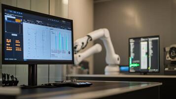 An automated workstation with a robotic arm in motion while a digital screen nearby indicates live updates on predictive maintenance schedules and task performance efficiency photo
