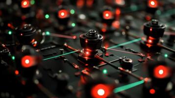 A graphic view of an intricate network of sensors on factory equipment with one sensor visibly marked with a pulsing light signaling a deviation from normal status photo