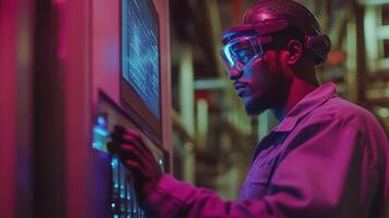 An augmented reality display above a faulty machine shows diagnostic data while a technician views it through smart glasses coordinating with a remote expert for problem resolution photo