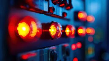 A highresolution image showing a series of blinking LED lights on a control panel with one light glowing intensely to indicate a critical equipment failure photo