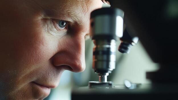 A closeup of a workers eye focused intently on a microscope examining a small component for defects conveying the critical nature of precision and attention to detail in technical skil photo