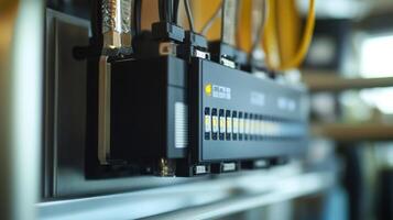 Detailed shot of an industrial IoT device equipped with a secure 5G module showcasing its robust casing sensors and indicators for data transmission security status photo