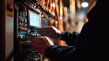 An image capturing the closeup view of a digital interface on an industrial machine where AR provides troubleshooting instructions while a technician performs maintenance photo