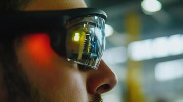 Closeup of a wearable device used by factory workers demonstrating how it gathers health and productivity data seamlessly transmitting it via the IoT framework over 5G networks photo